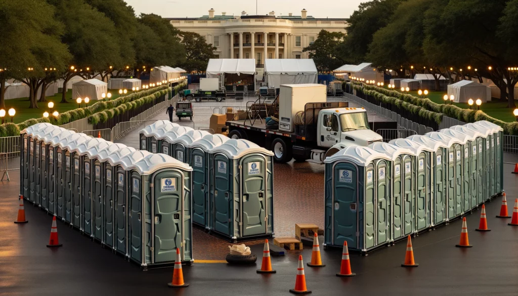 Festival porta potty bank with barricades in Keene, New Hampshire
